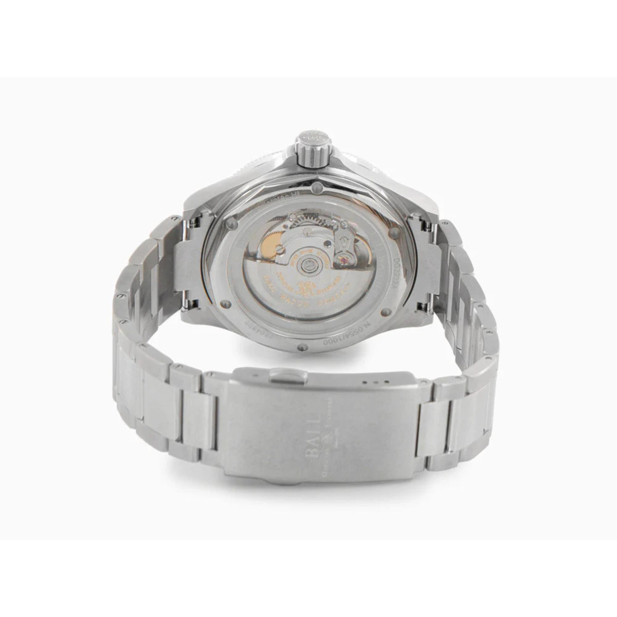 Men's automatic diver watch back view with stainless steel case and visible movement