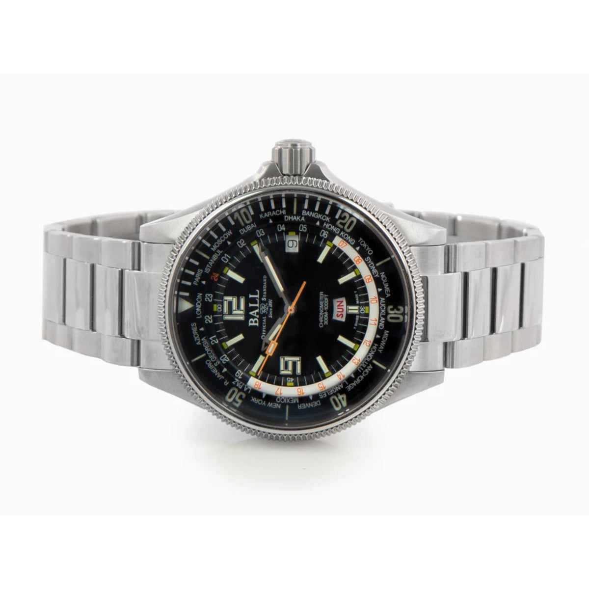 Men's automatic diver watch with black dial, orange accents, and silver metal bracelet