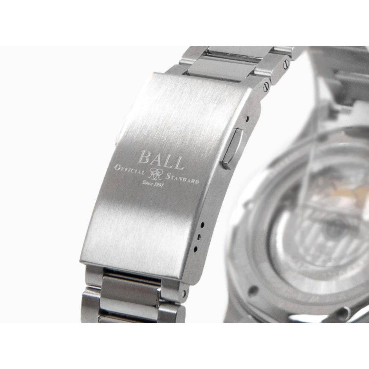 Stainless steel watch clasp on men's diver watch with engraved BALL and Ocean Standard