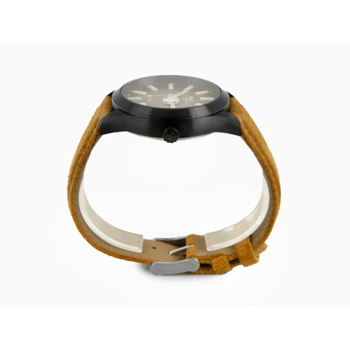 Men's automatic watch back view with metal caseback and tan leather strap with clasp