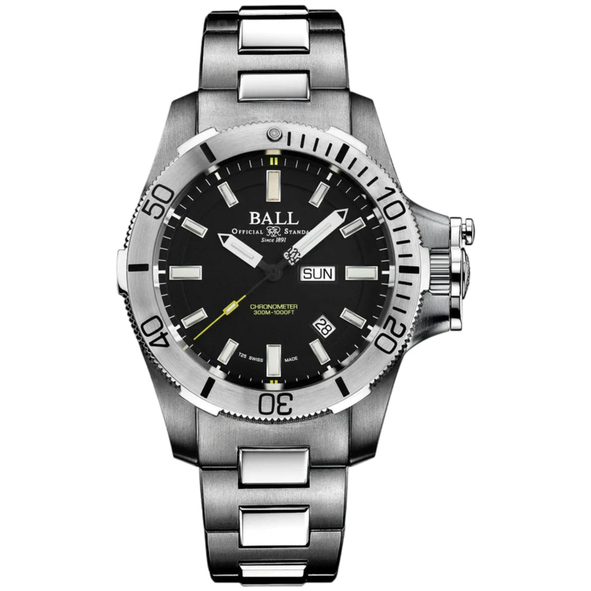 Men's stainless steel bracelet watch with black dial, luminous markers, and date window