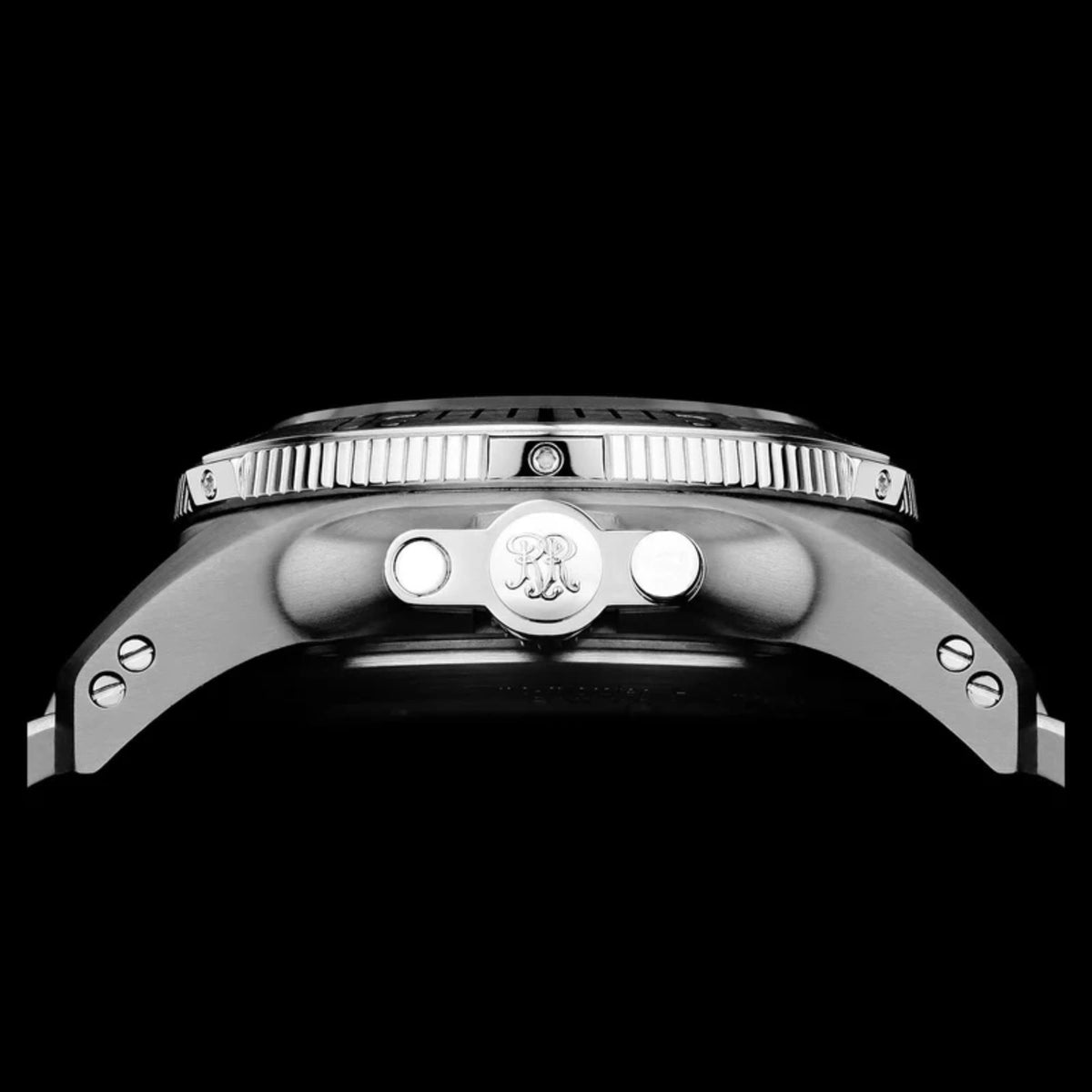 Stainless steel watch case with engraved emblem on top and two crown guards