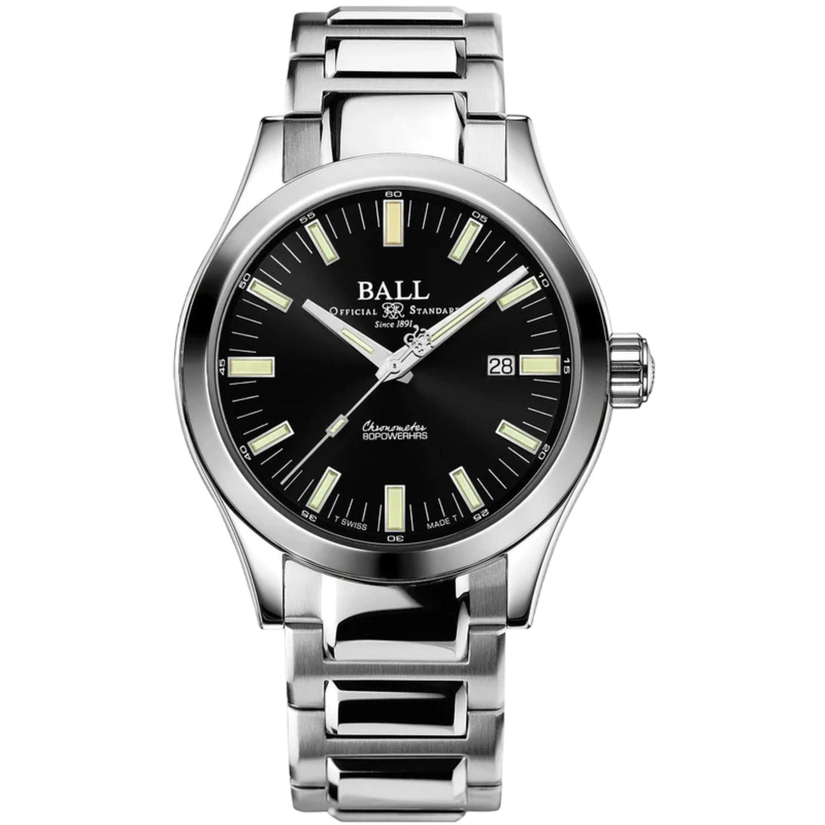 Men's automatic wrist watch with black dial, silver stainless steel bracelet, date window