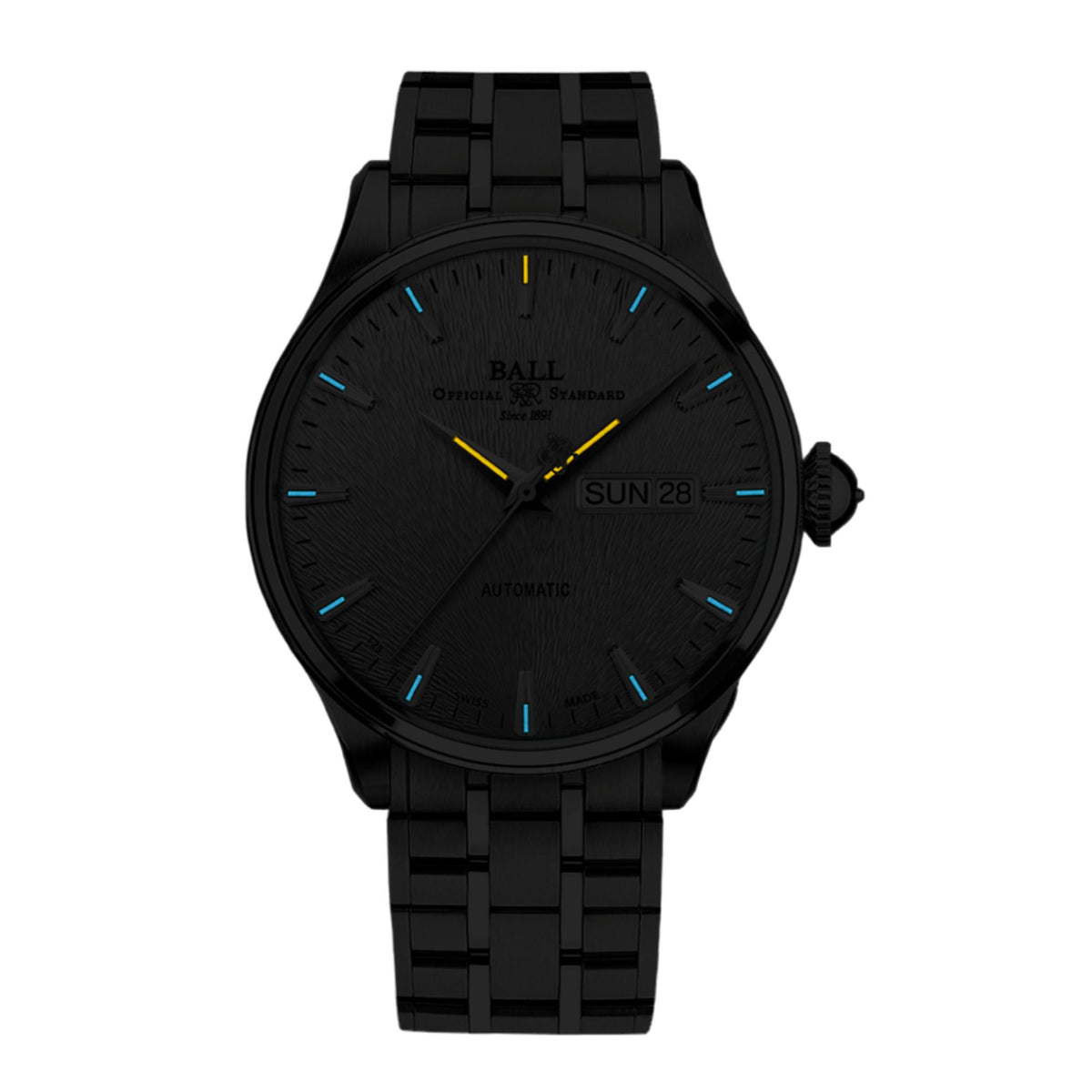 Men's black automatic watch with dark dial, day-date Sun 28, black link bracelet