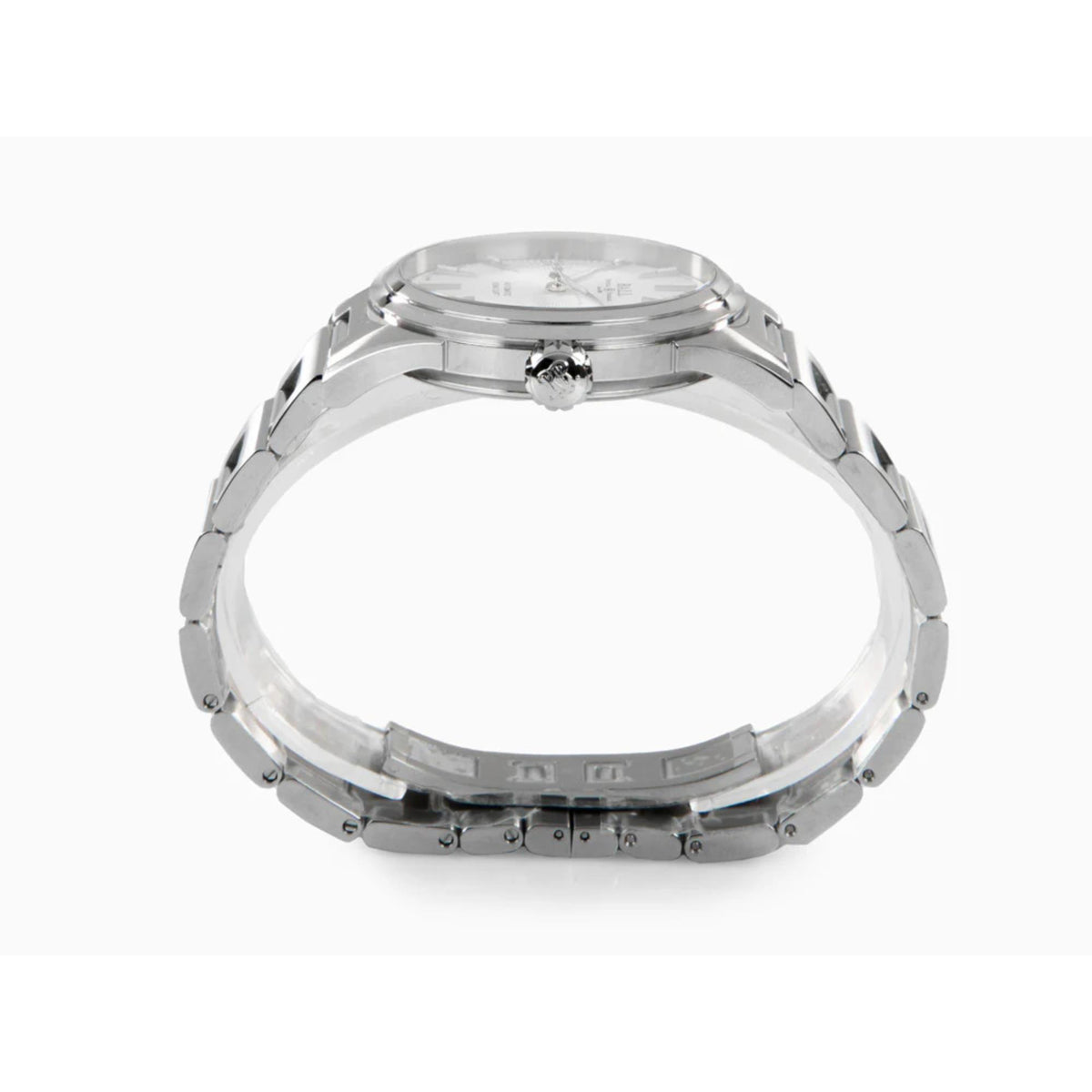 Men's automatic wristwatch case with crown on top and metal links bracelet, underside angle