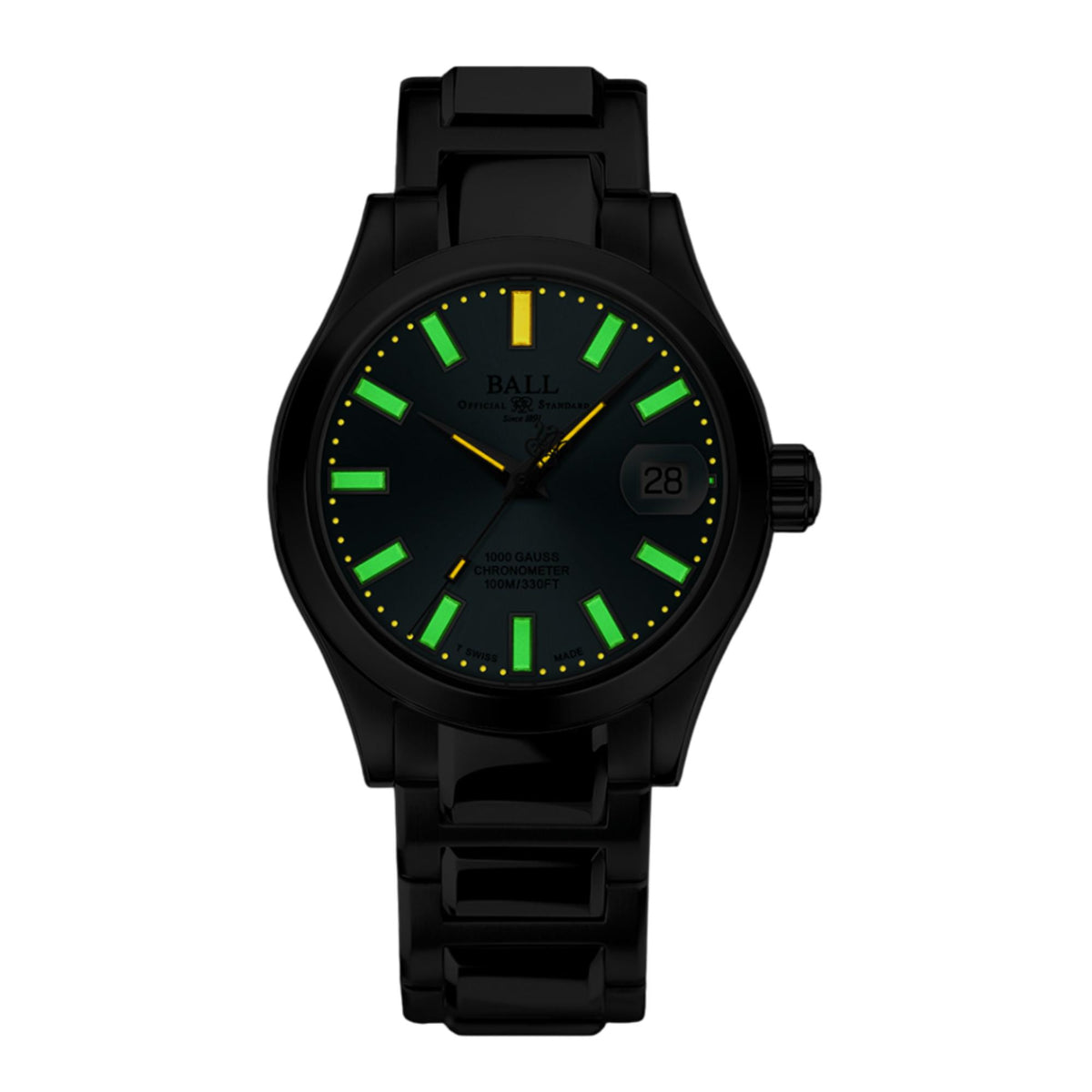 Black watch with green luminous dial, baton markers, and date window showing 28