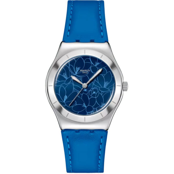 Blue leather strap watch with blue floral dial, silver-tone case, three-hand display