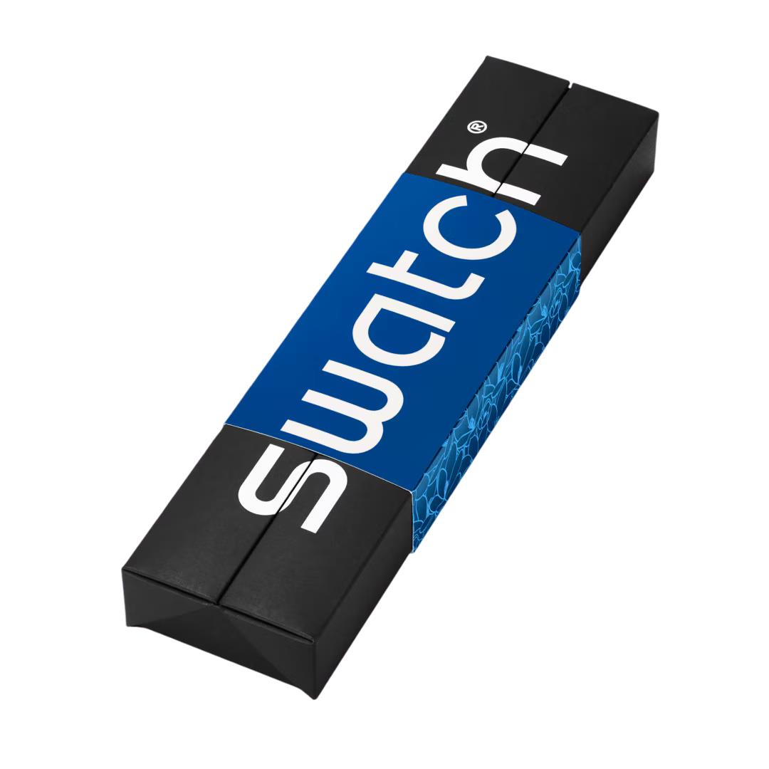 Swatch-branded watch packaging box with blue and black design