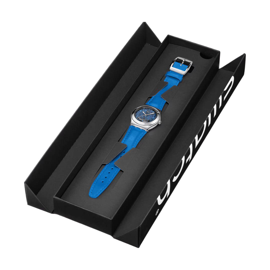 Watch gift box with blue leather strap watch displayed inside