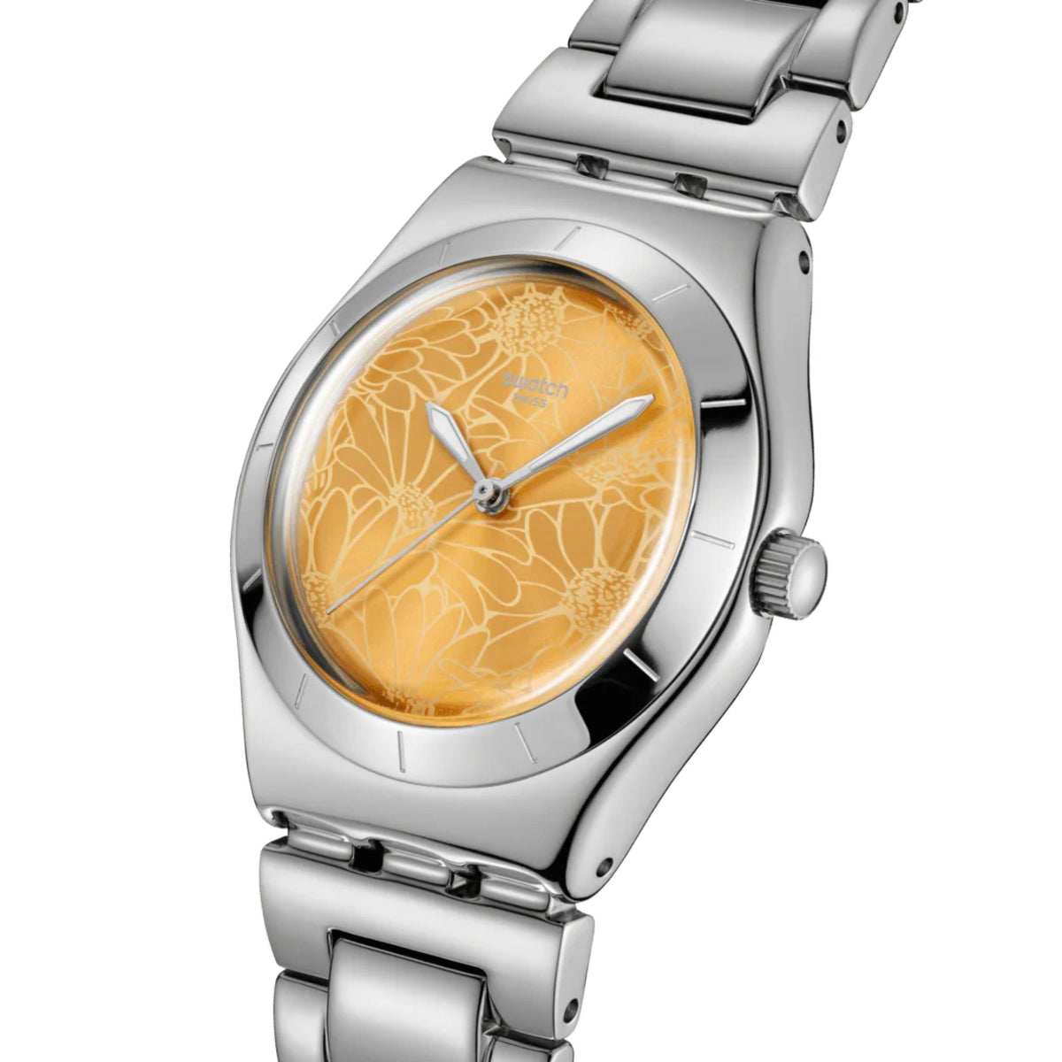 Silver-tone stainless steel watch with yellow petal swirl dial and crown