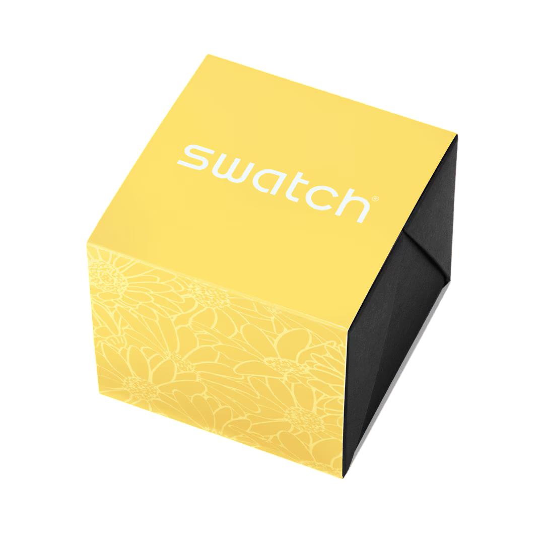 Swatch yellow watch box with gold petal swirl pattern