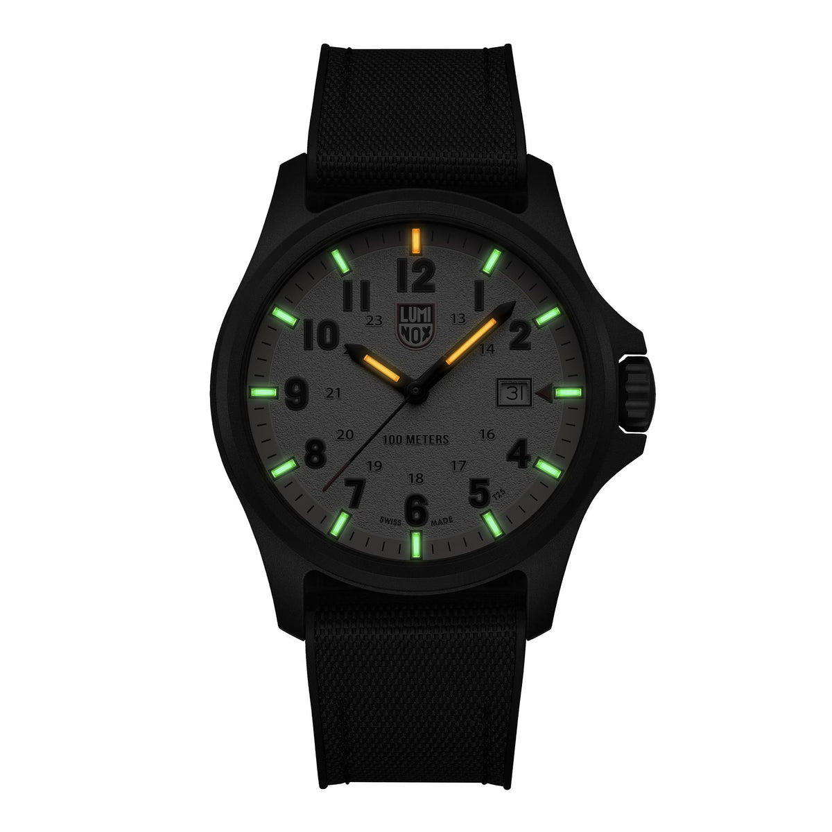 Black field watch with black dial, luminous green numerals, and textured fabric strap