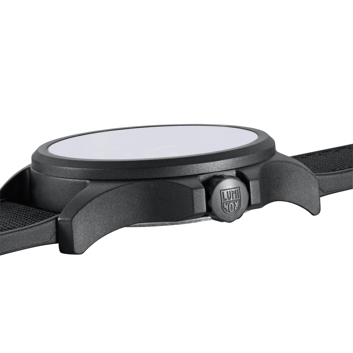 Black watch case side with textured strap end and raised bezel