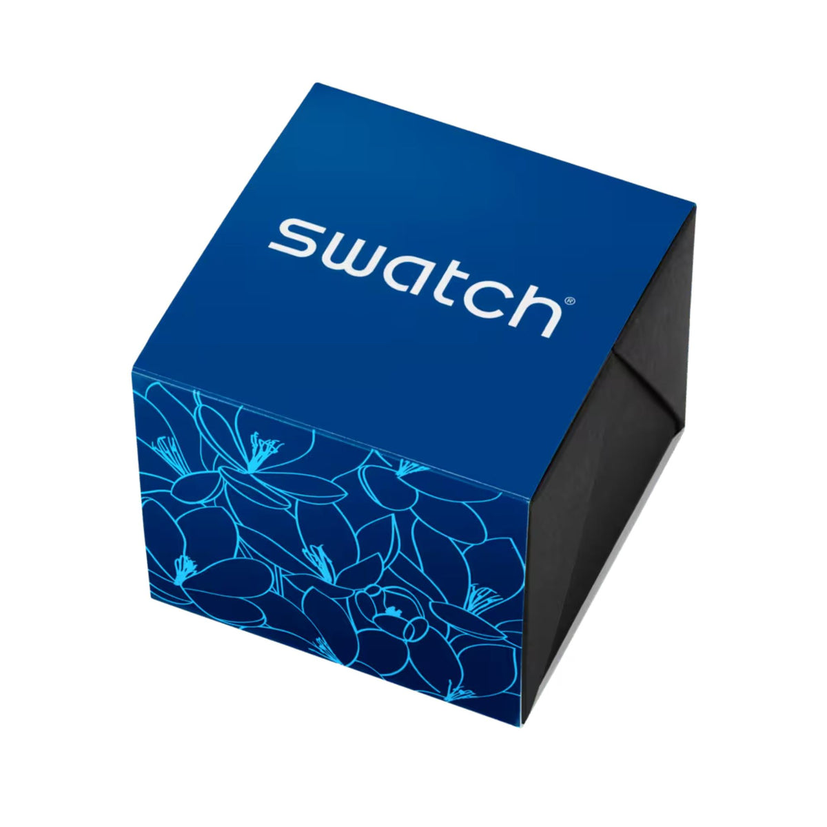 Swatch watch gift box with blue floral pattern lid