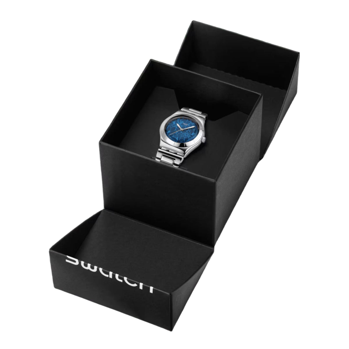 Open black watch gift box showing steel watch with blue floral dial