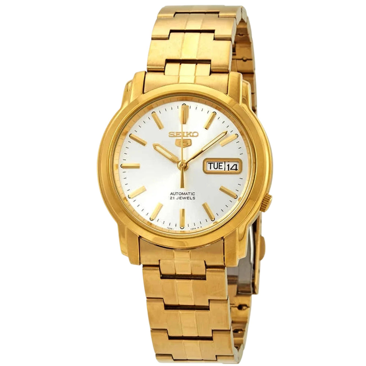 Seiko 5 Automatic 38mm silver sunburst dial steel watch SNKK74K1 front view 