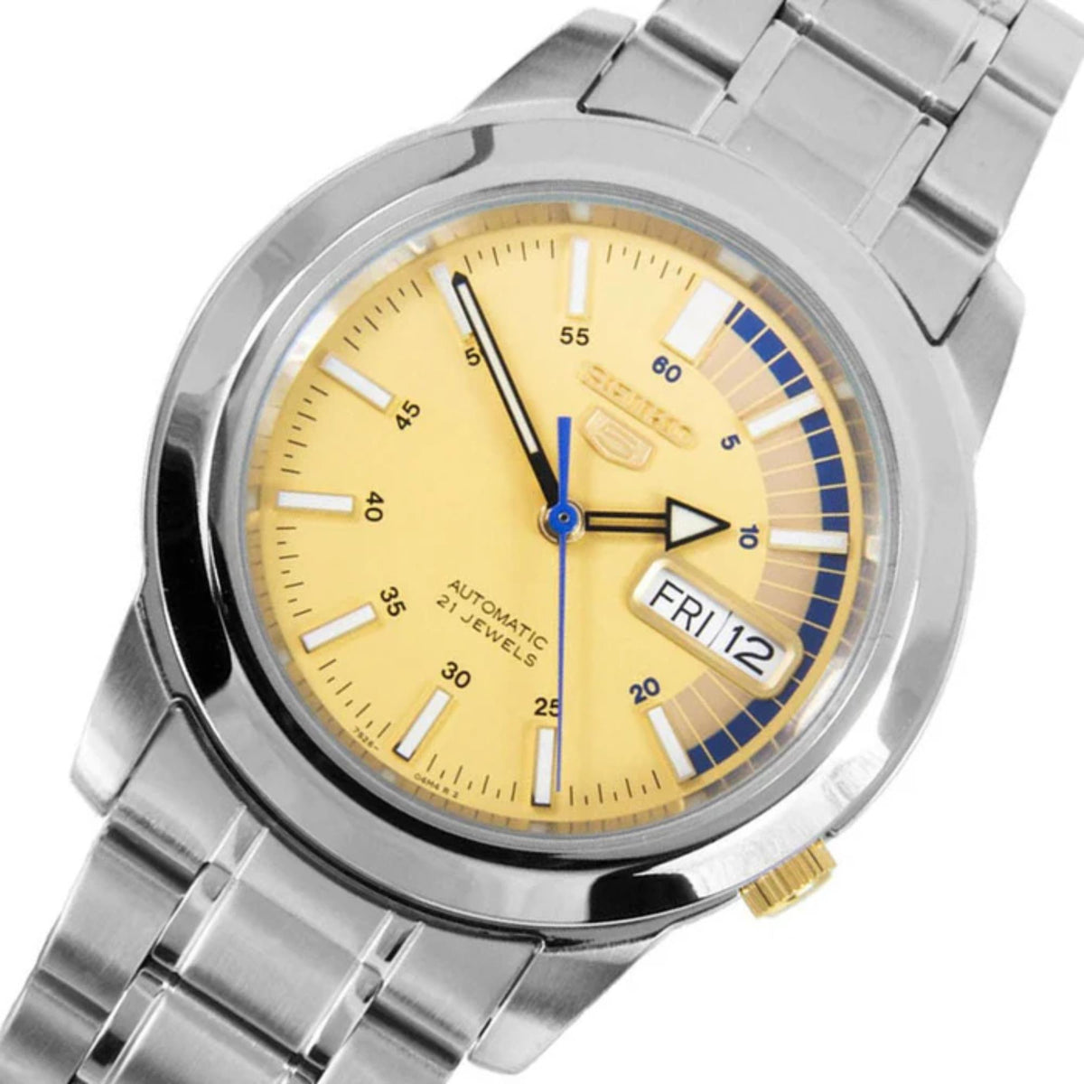 Men's automatic wrist watch close-up, gold dial with blue minute track accents
