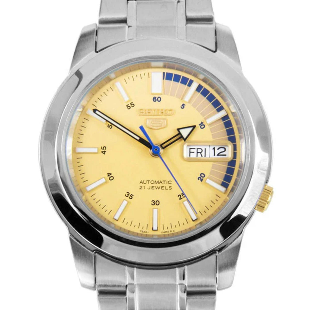 Men's automatic wrist watch front view, gold dial, stainless steel bracelet, Fri 12