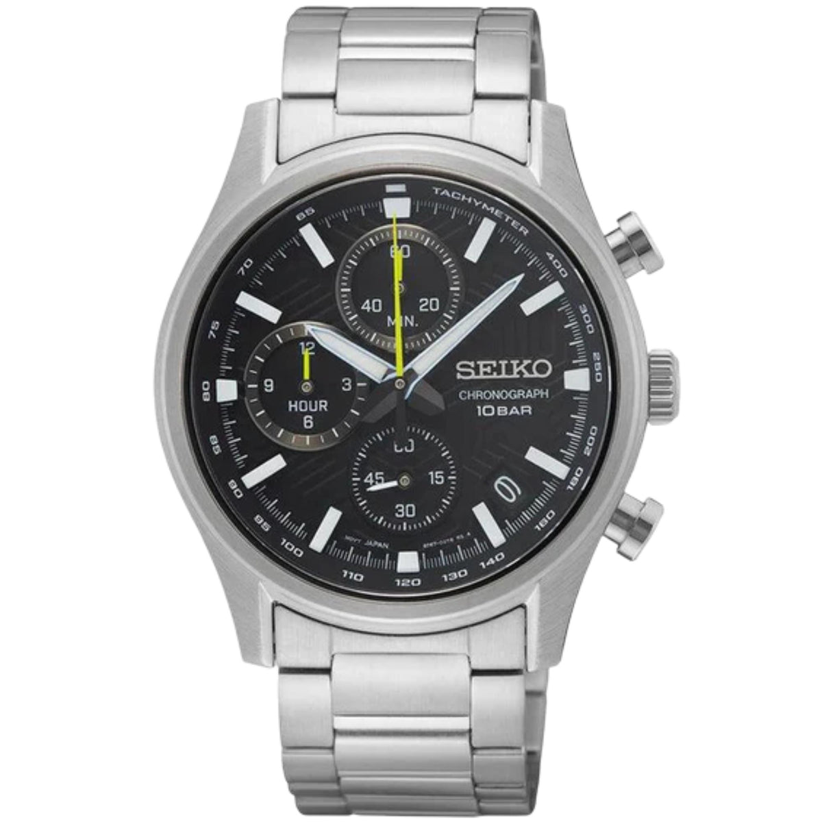 Seiko steel chronograph wristwatch, black dial with tachymeter and three subdials