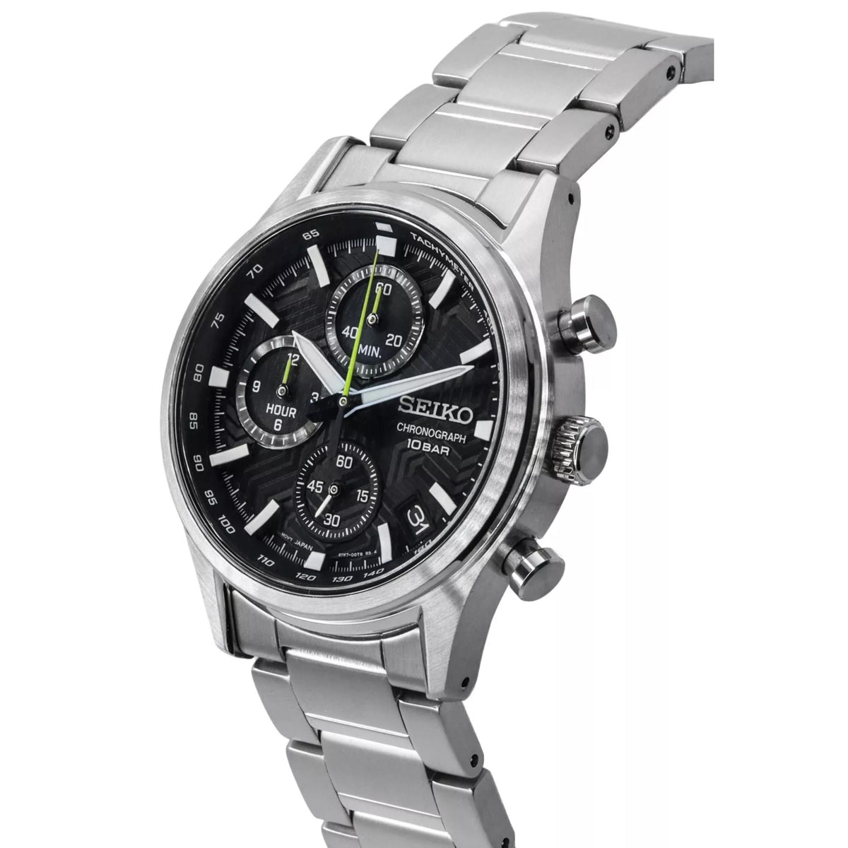 Seiko steel chronograph wristwatch, black dial, pushers and crown on case