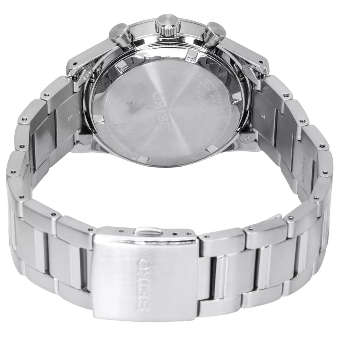 Seiko steel chronograph wristwatch, stainless steel bracelet and caseback view