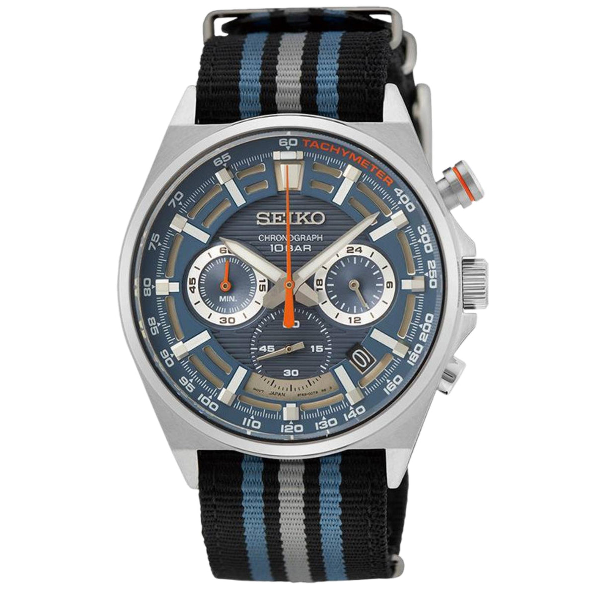 Blue dial chronograph quartz watch with striped black-and-blue nylon strap, 3 subdials