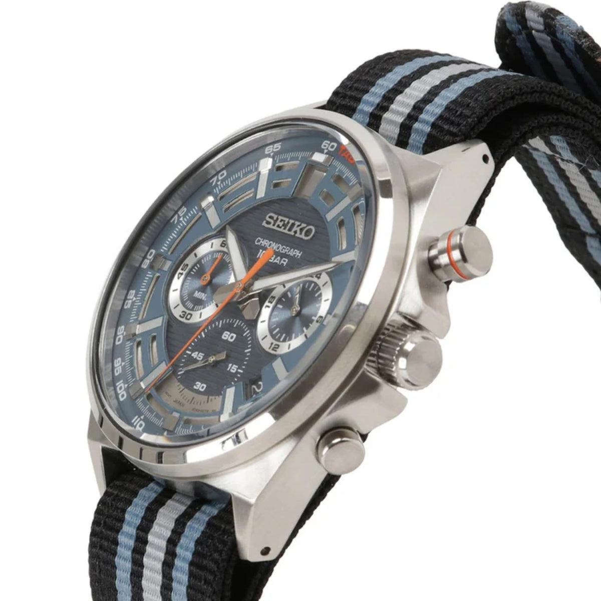 Round stainless chronograph watch case with blue dial, orange accents, striped nylon strap
