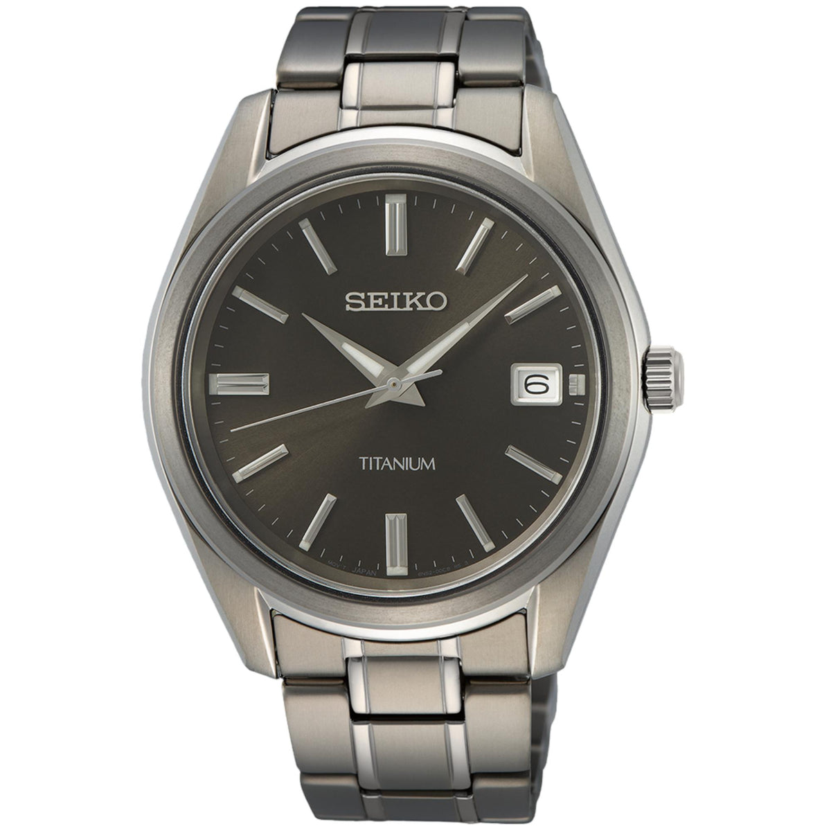 Seiko Essentials black sunray dial titanium bracelet men's watch SUR375P1 front view