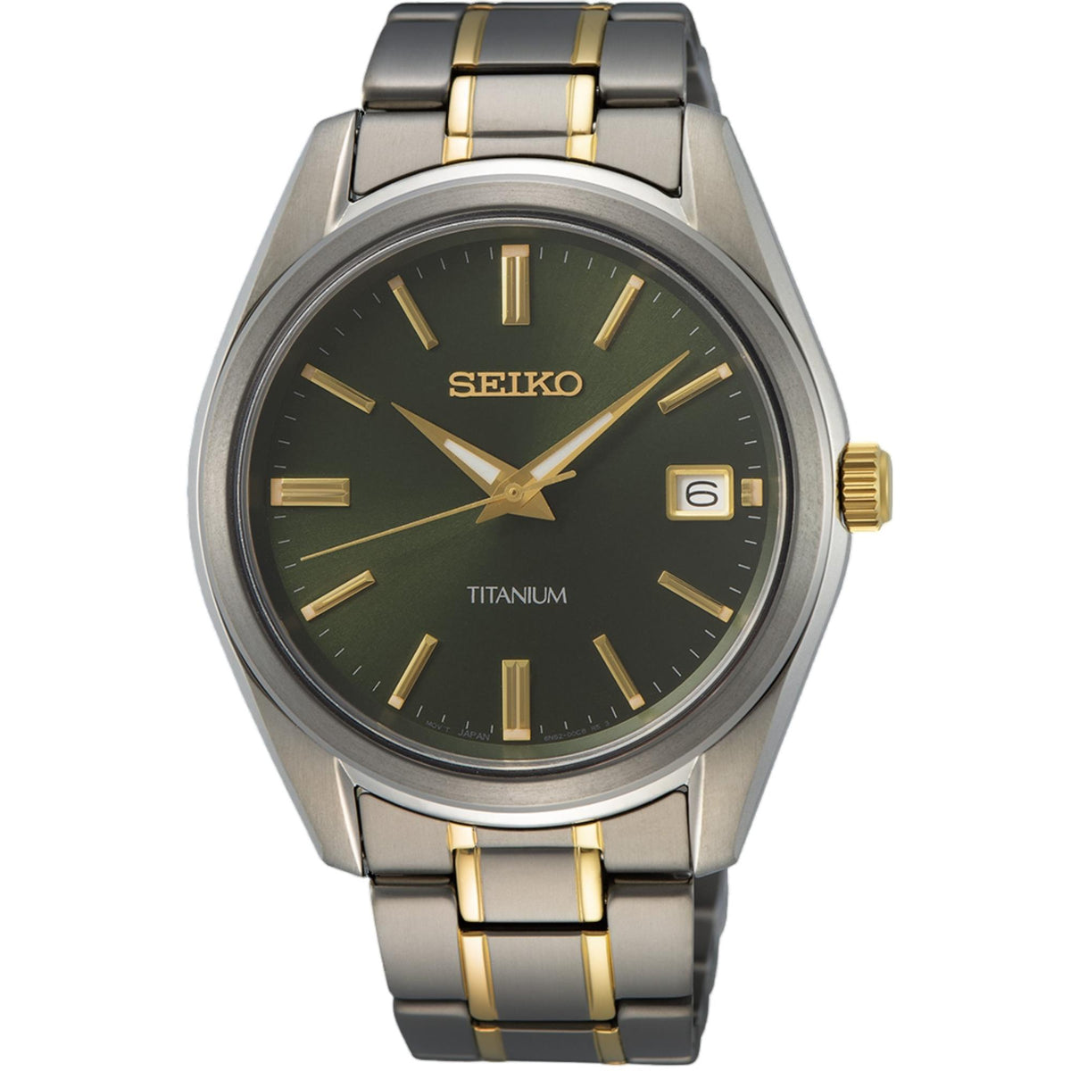Seiko Essentials SUR377P1 mens titanium quartz watch featuring a sunray green dial, two-tone gold and silver bracelet, and gold-tone hour markers
