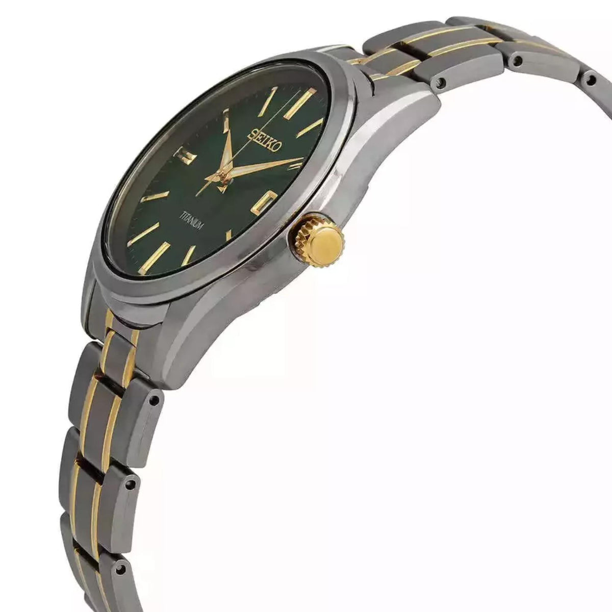 Seiko Essentials SUR377P1 everyday dress watch with durable titanium case, gold crown, and two-tone metal link bracelet shown from an angle