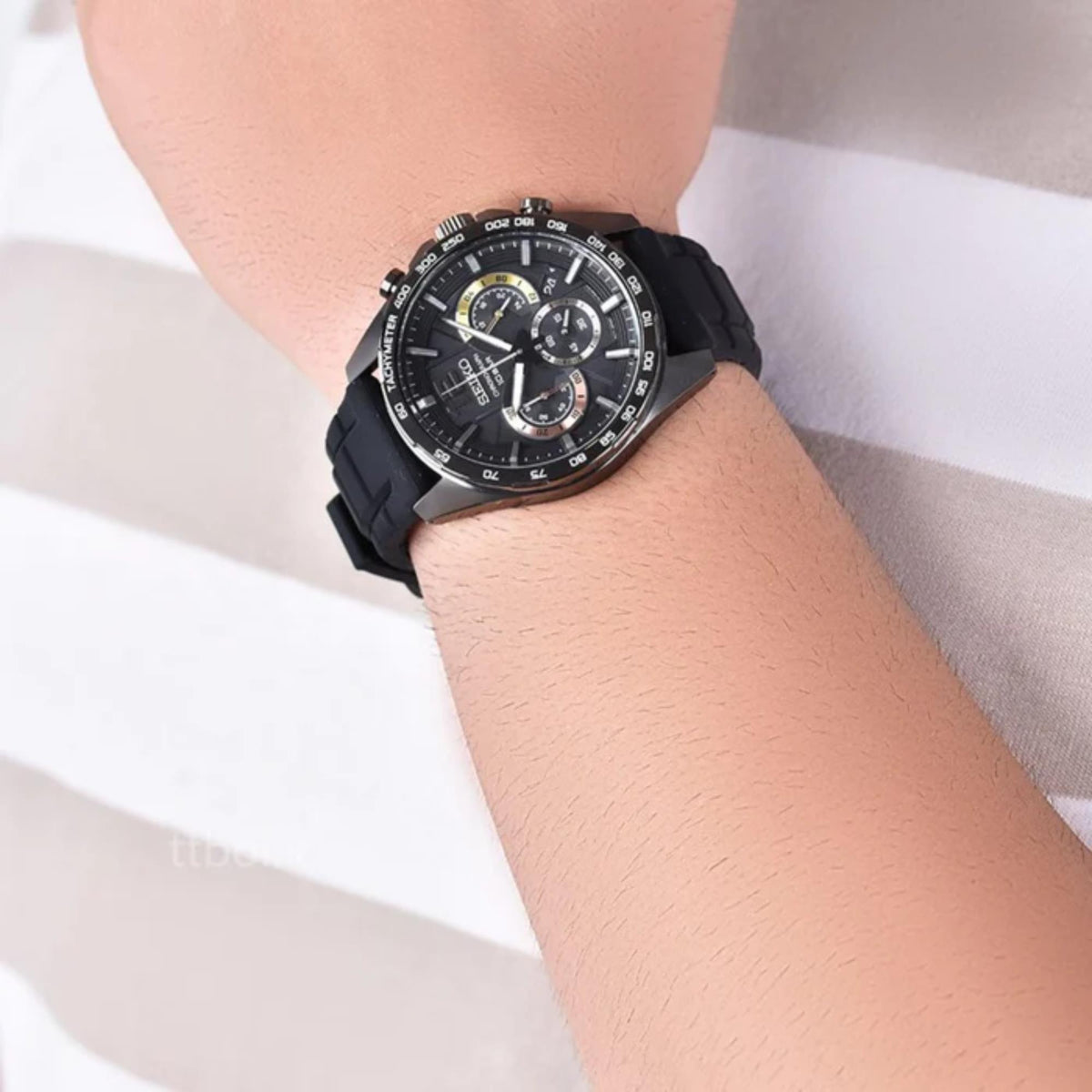 Seiko Essentials SSB349P1 black dial lifestyle view on wrist