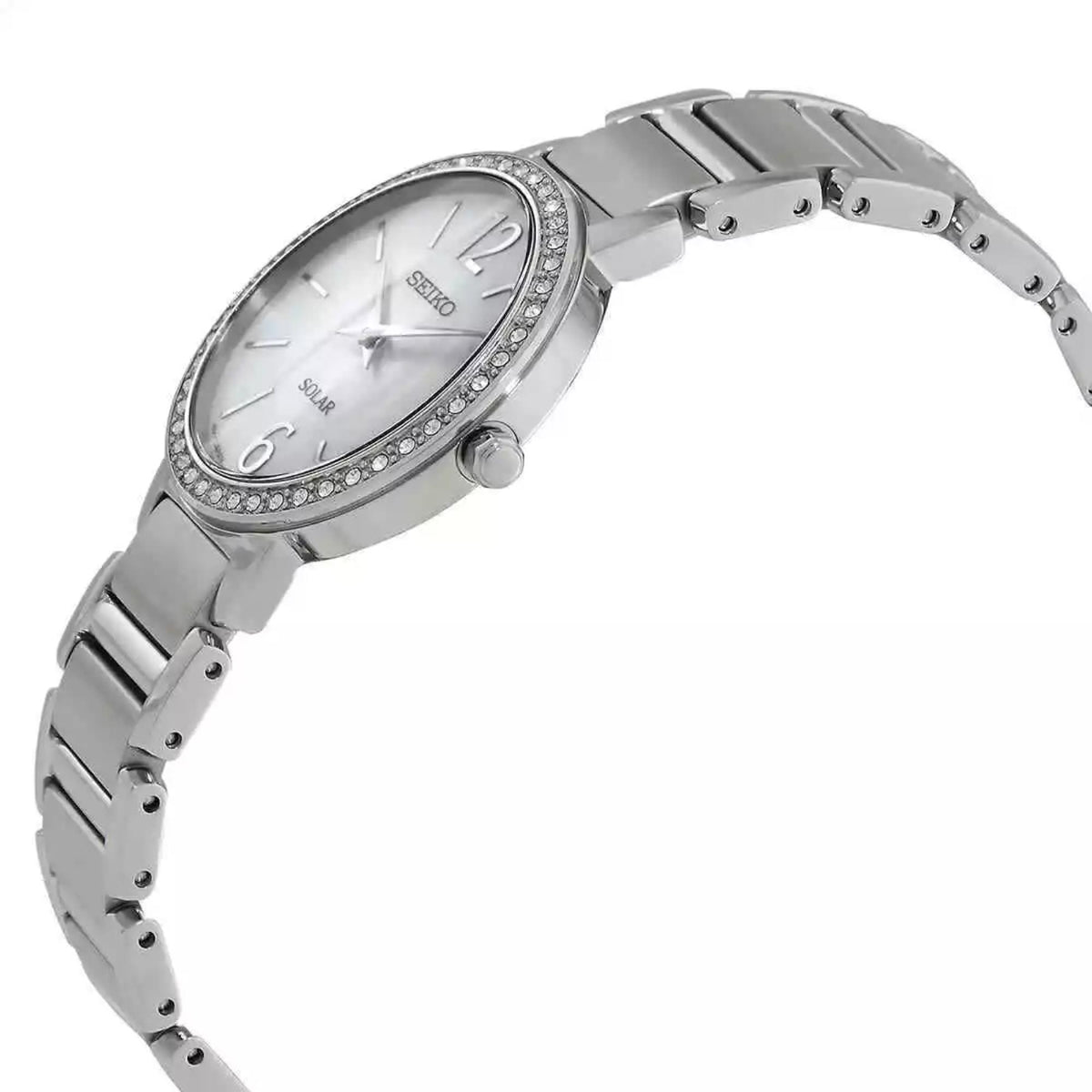 Women’s solar wristwatch with mother-of-pearl dial, silver steel bracelet, jeweled bezel