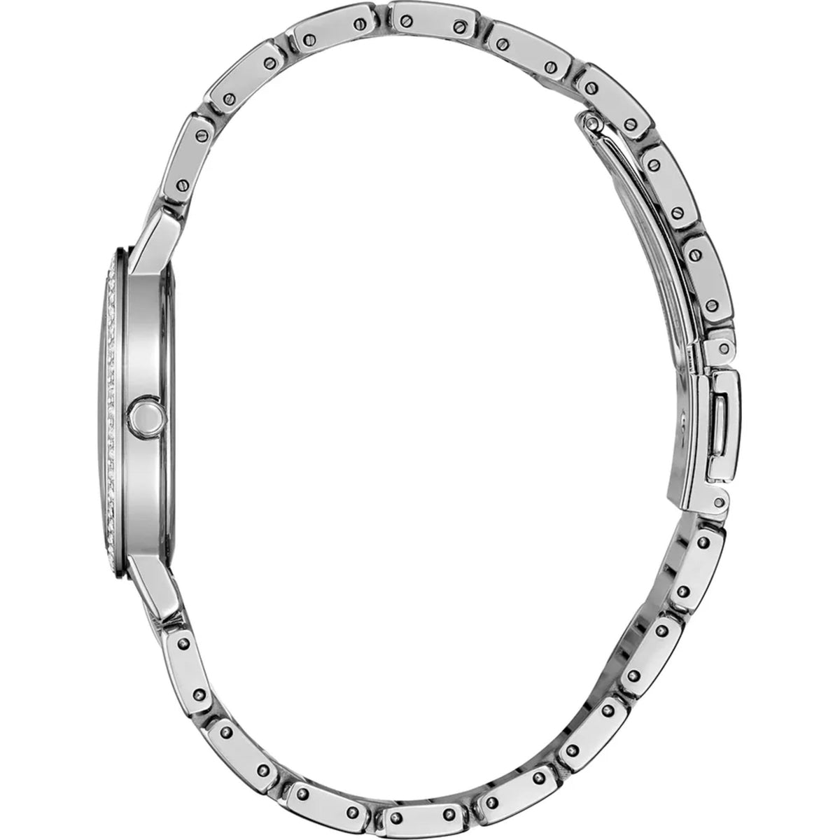 Silver stainless steel watch bracelet with clasp and links, shown in side view