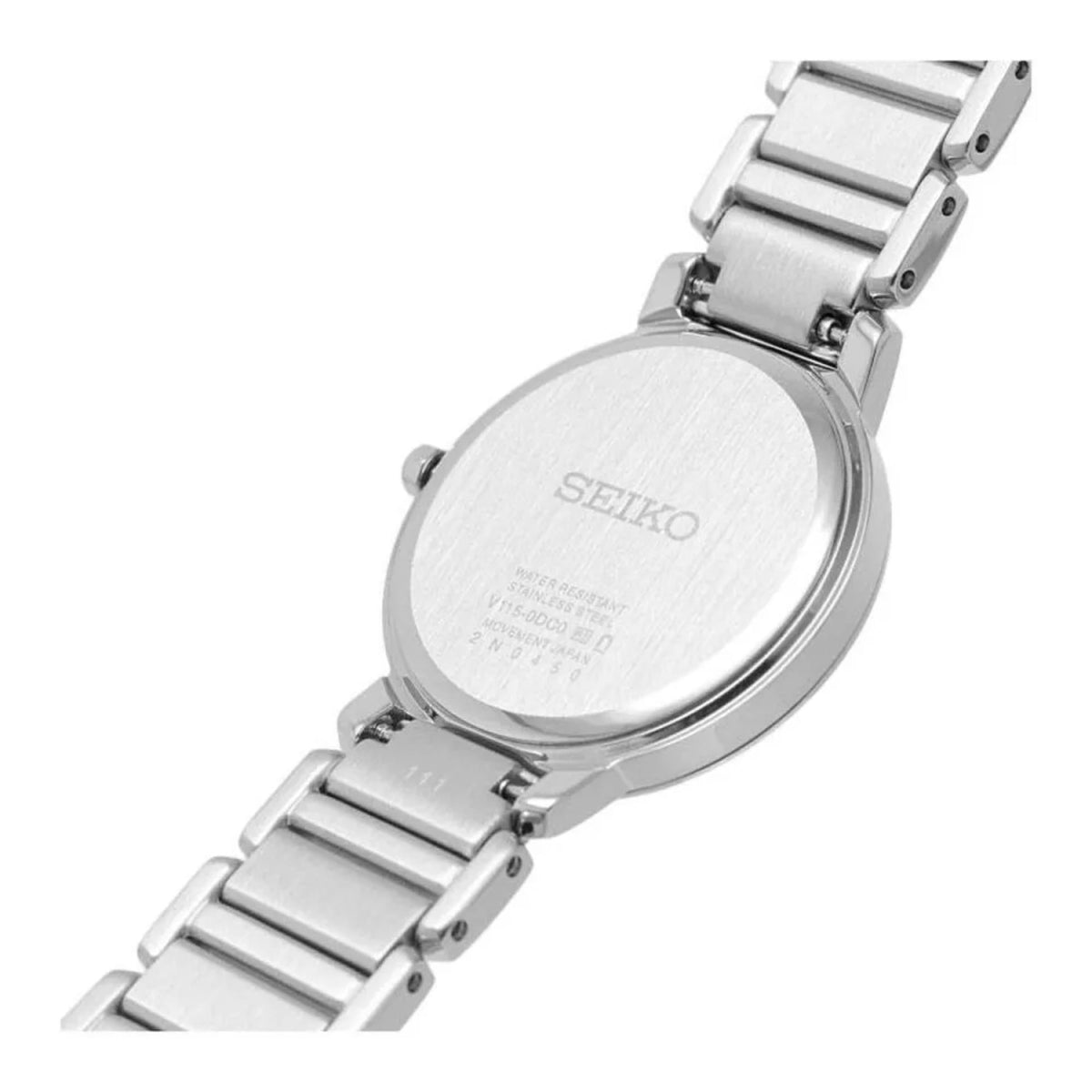Silver stainless steel solar watch case back with engraved text and bracelet links