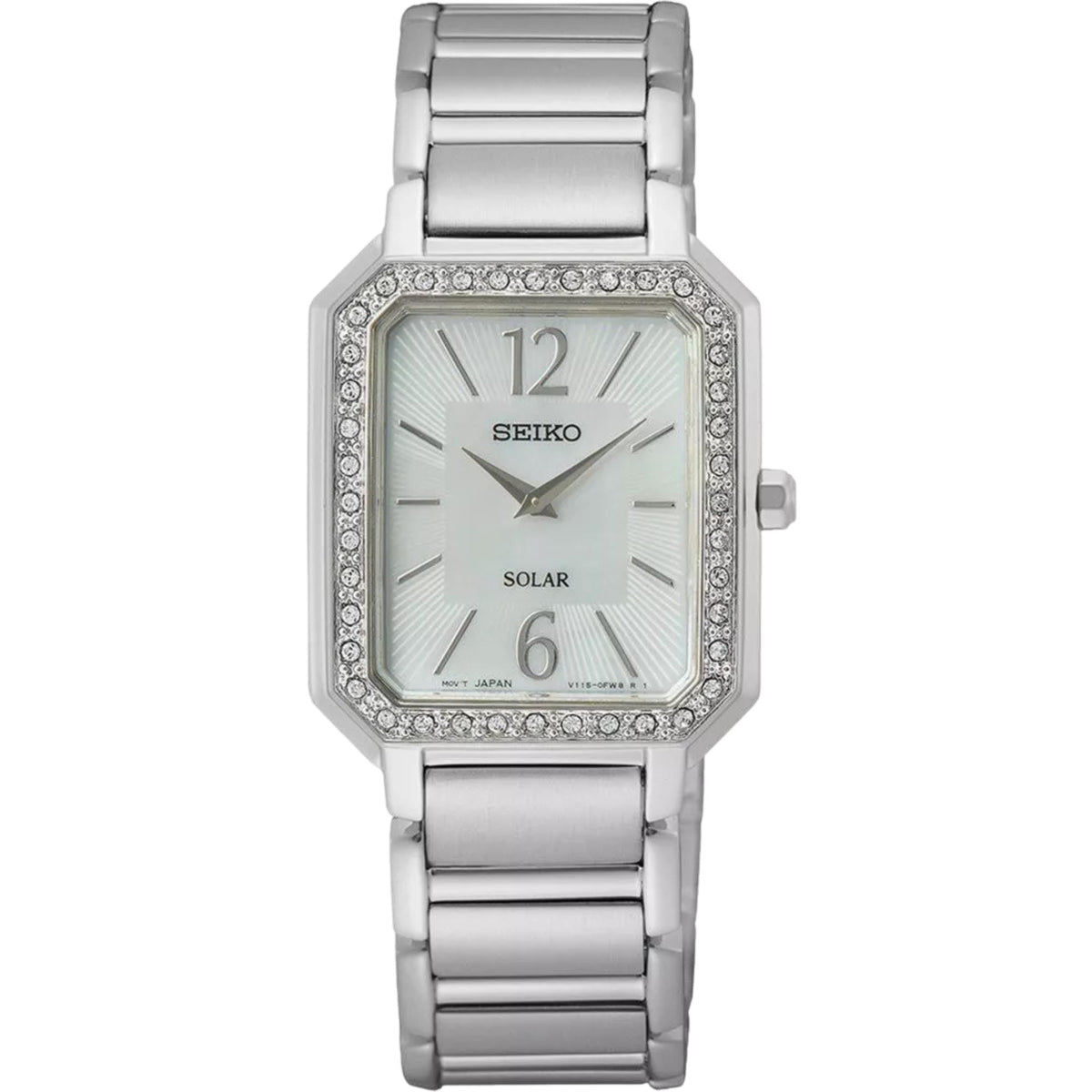 Seiko solar ladies watch with mother-of-pearl dial, steel bracelet, jeweled bezel