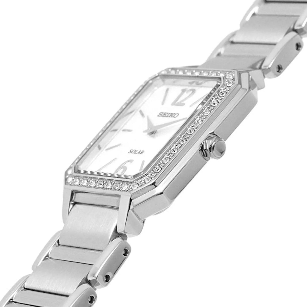Seiko solar watch with jeweled bezel and mother-of-pearl dial, steel case and crown
