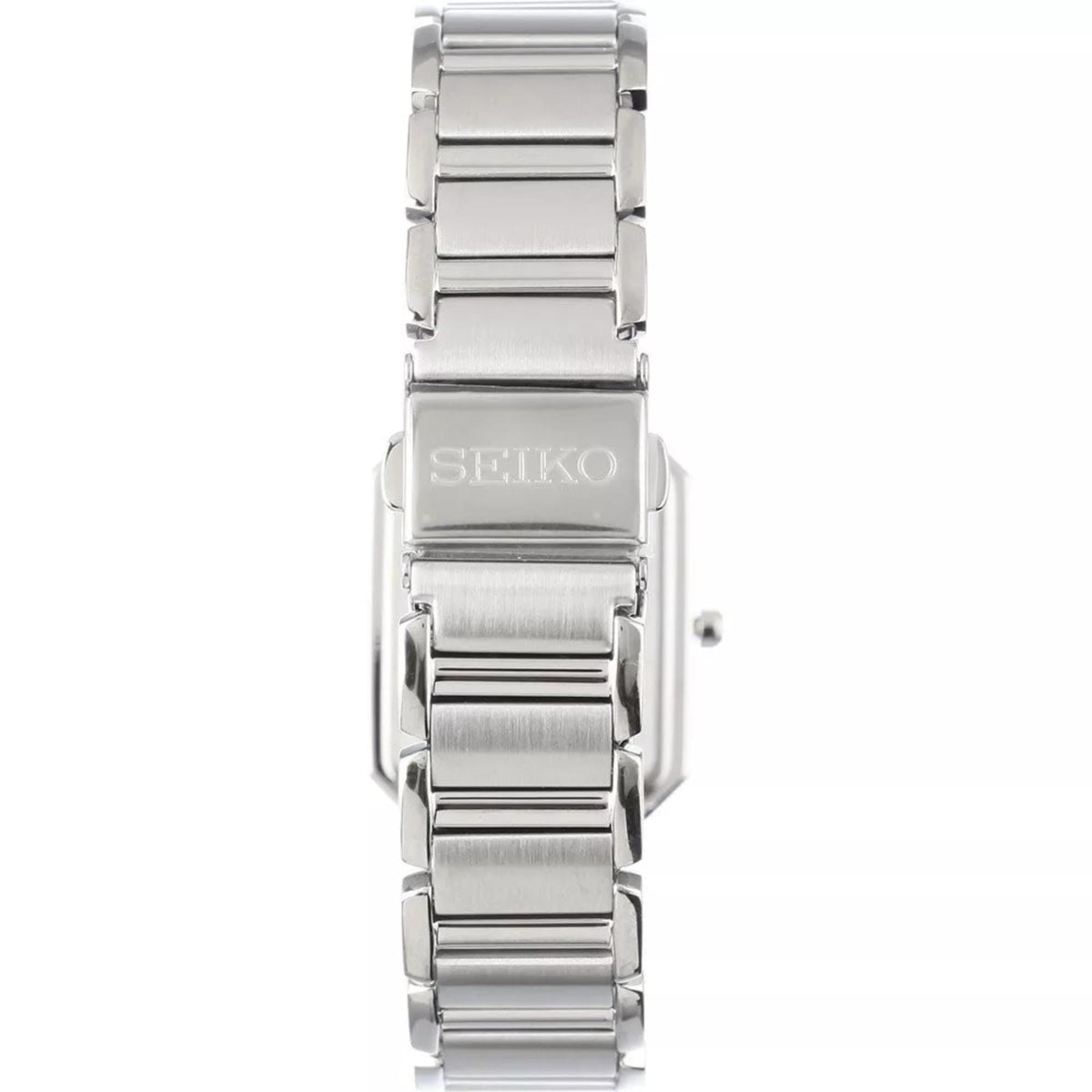 Seiko solar ladies watch with stainless steel bracelet and case back view