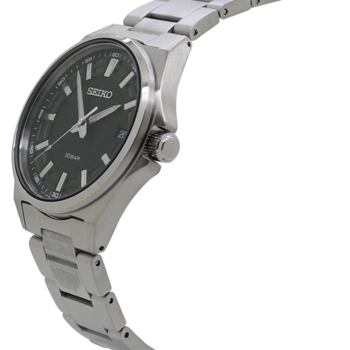 Side profile angle of the Seiko Essentials SUR503P1 sports watch featuring its brushed steel case and ridged crown