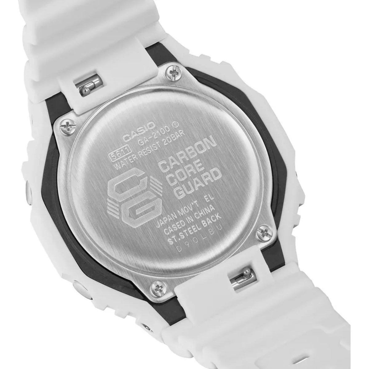 Casio G-Shock case back with engraved Carbon Core Guard text, white resin strap
