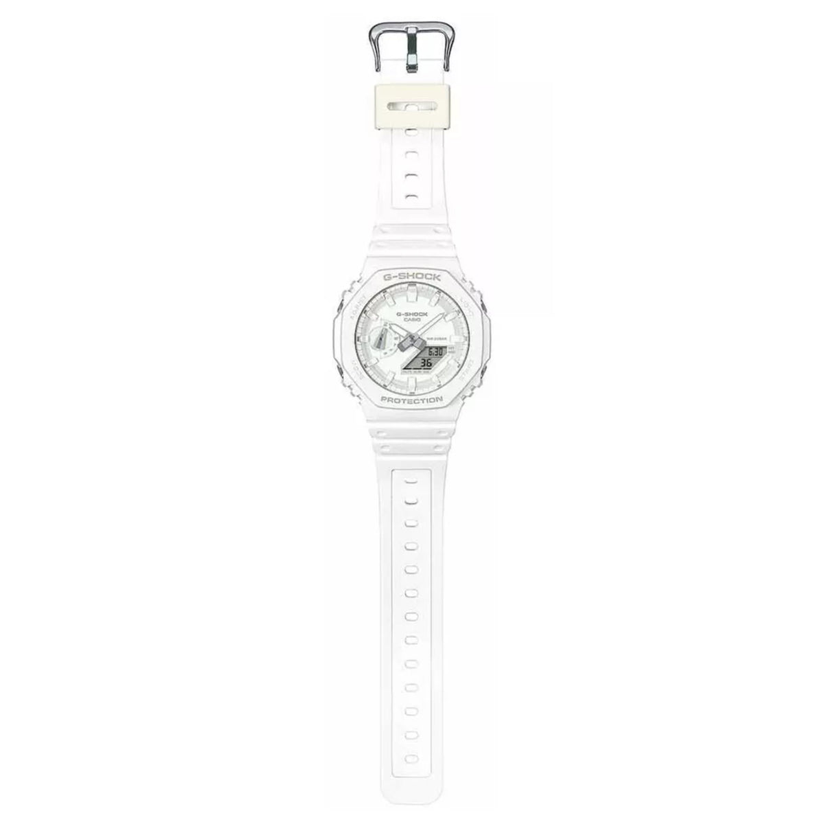Casio G-Shock watch with white resin strap, analog-digital dial facing forward