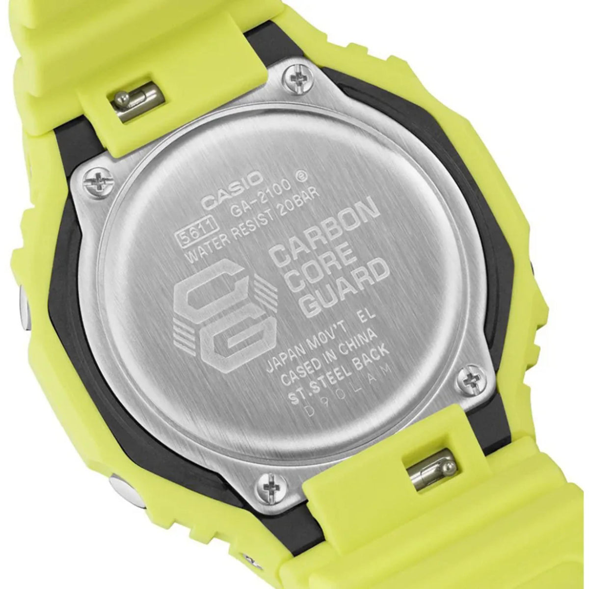Yellow resin strap watch back with brushed metal case and black accents