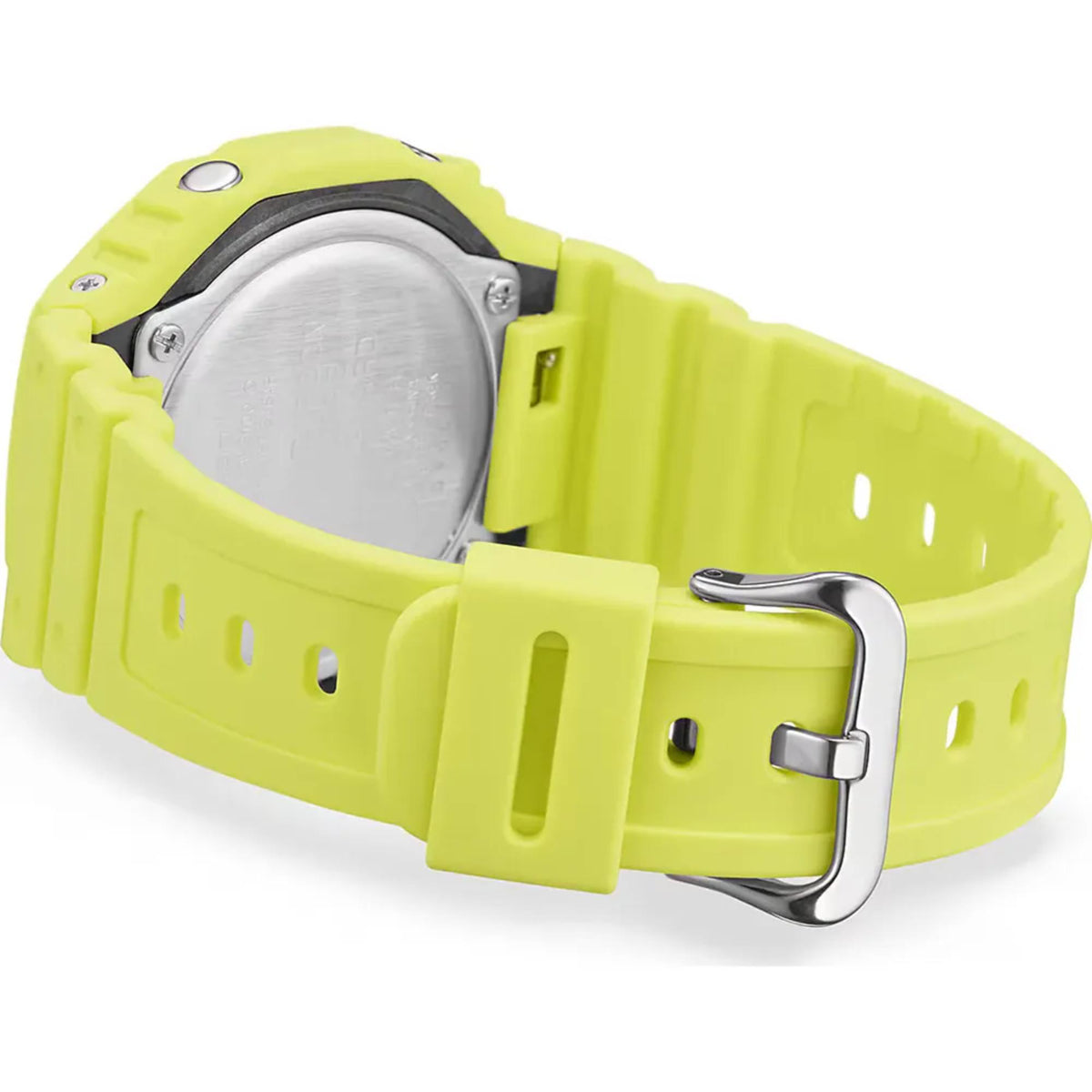 Yellow resin watch band with metal buckle clasp and silver case side