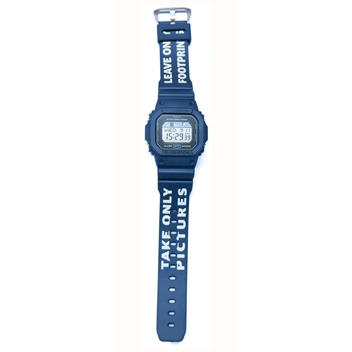 Blue digital watch with text on the strap against a white background
