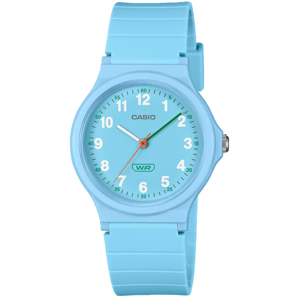 Light blue resin strap women's wristwatch with round blue dial and CASIO logo