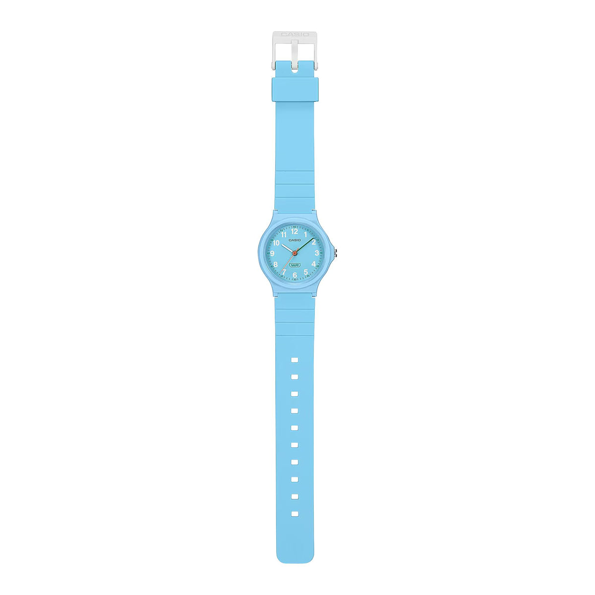 Light blue resin strap watch with round blue face and numbered dial