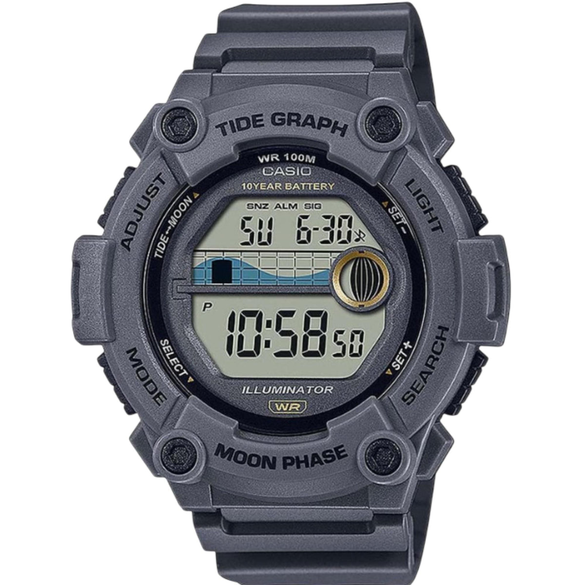 Men's digital resin watch with moon phase display and dark gray strap