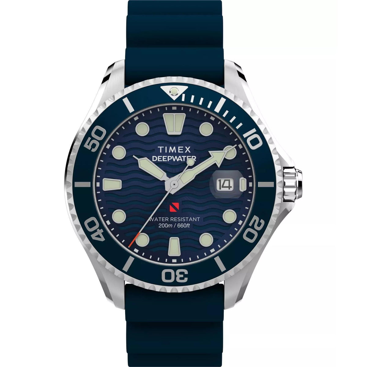 Blue dial stainless steel dive watch with dark blue rubber strap and rotating bezel