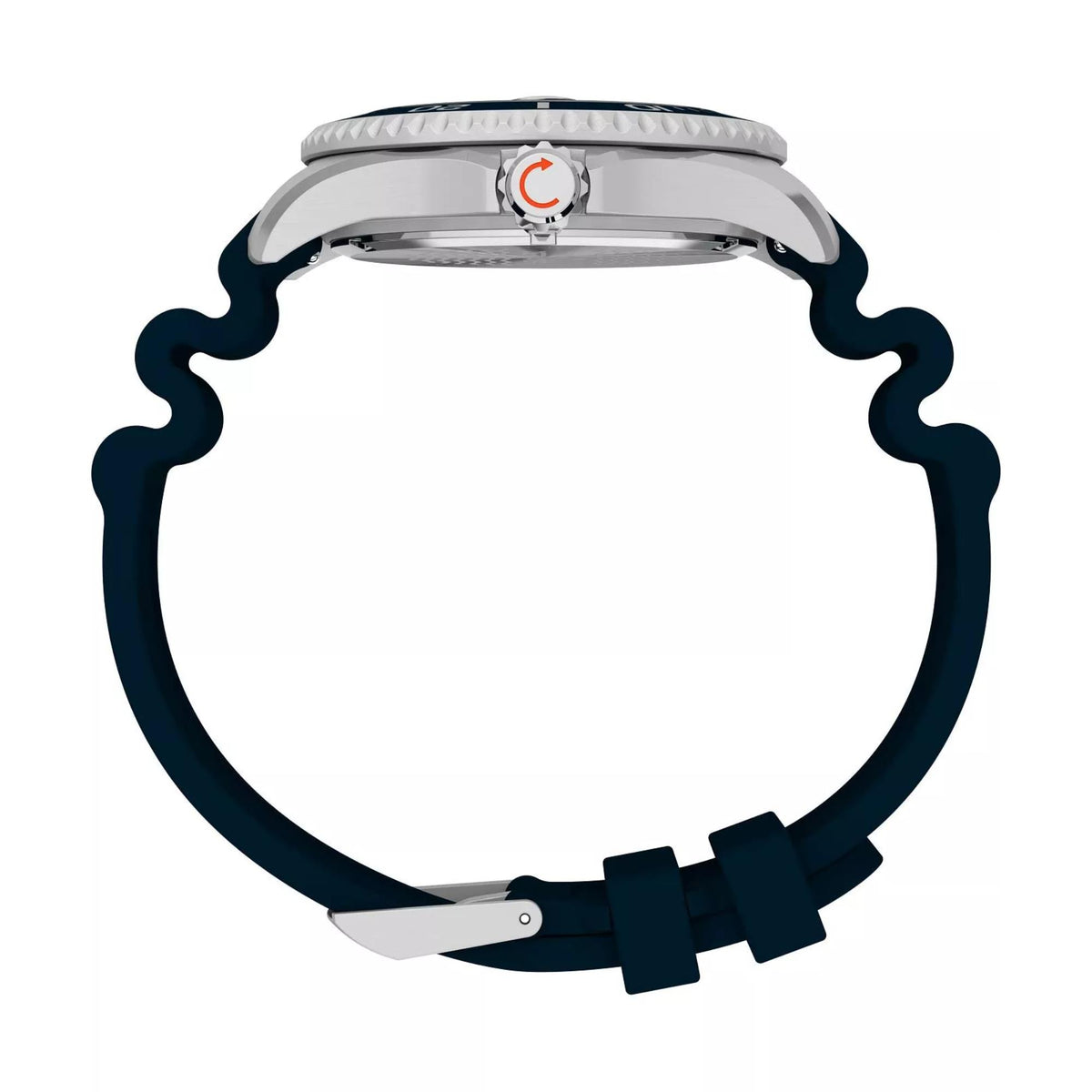 Side view of stainless steel diver watch with dark blue rubber band and crown