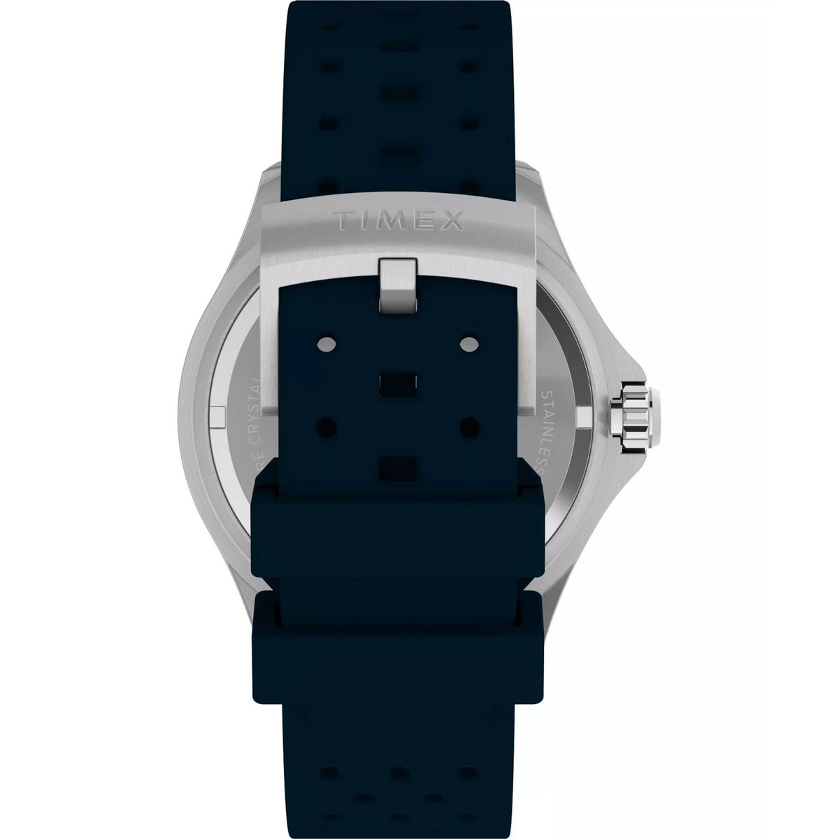 Front view of stainless steel case with dark blue rubber strap and blue dial