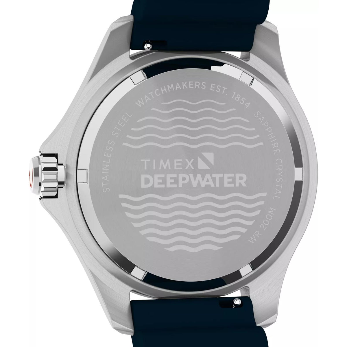 Back view of stainless steel watch case with wavy engraving and dark blue rubber strap